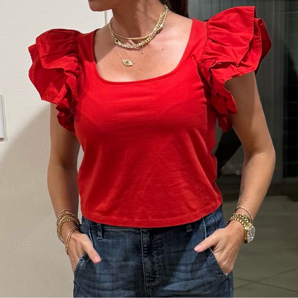 Red Ruffle Sleeve Women's Top